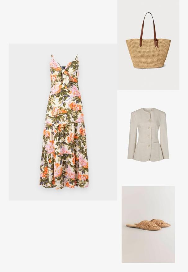 Beige linnen damesblazer met ronde halslijn, lange mouwen, vijf knopen aan de voorkant en twee subtiele zakken aan de voorkant.; Florale maxi-jurk met spaghettibandjes, crèmekleurige stof met roze, oranje en groene bloemmotieven, en een gelaagde volantzoom.; Geweven leren slidesandalen in lichtbruin, met een oversized geweven bovenkant en een platte zool. De spitse neus zorgt voor een strakke uitstraling.; Geweven stro draagtasje met een brede, open bovenkant, bruine leren handvatten en een gouden logo-accent. Neutrale beige kleur en een gestructureerde afwerking.