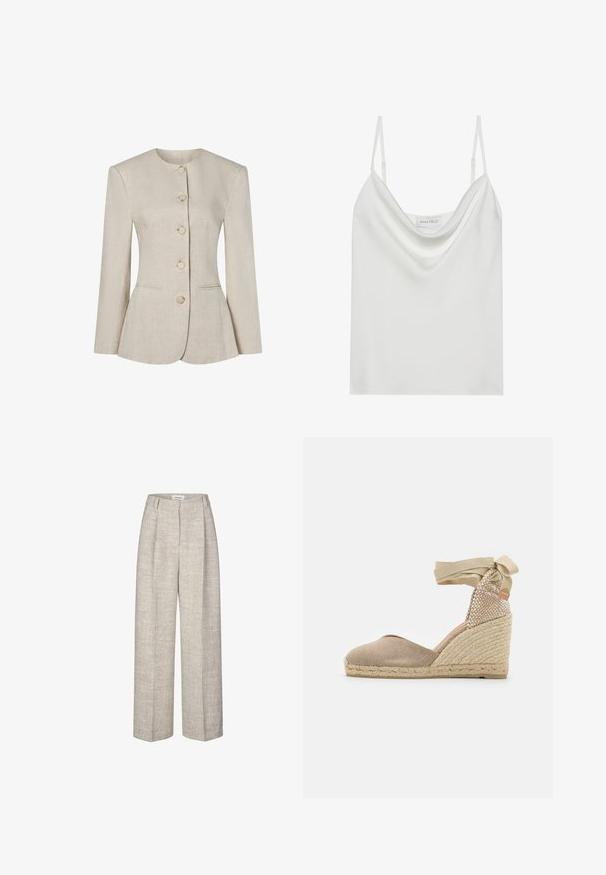Blazer de lino beige para mujer con escote redondo, mangas largas, cinco botones frontales y dos bolsillos delanteros discretos.; Camisón de satén blanco con escote drapeado, finas tiras ajustables y dobladillo recto. La etiqueta "ANNA FIELD" es visible en el interior.; Pantalones de tiro alto en gris claro con una tela texturizada, piernas anchas y dos pliegues frontales. Con cierre de botón en la parte delantera y presillas para cinturón.; Cuña de esparto en color beige con parte superior de tela texturizada, tacón de yute trenzado y cinta de sujeción en el tobillo para un ajuste seguro.