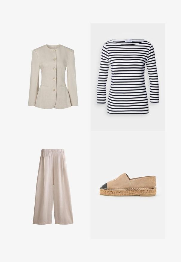 Veste pour femme en lin beige avec col rond, manches longues, cinq boutons sur le devant et deux poches discrètes à l'avant.; Haut à rayures bleu marine et blanc à manches longues avec un décolleté large et un tissu doux et extensible. Présente des rayures horizontales uniformes sur l'ensemble.; Pantalon beige à jambes larges avec taille élastique, fabriqué en tissu léger, présenté à plat sur un fond blanc.; Walk London VENICE FULL - Espadrilles - off white