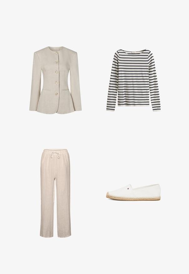 Blazer de lino beige para mujer con escote redondo, mangas largas, cinco botones frontales y dos bolsillos delanteros discretos.; Camisa blanca de manga larga con rayas horizontales azul marino y un pequeño logo "GANT" en el puño de la manga izquierda.; Pantalones de lino en beige claro con cintura elástica y cordón, que presentan un corte relajado y diseño de pierna recta.; Alpargata blanca tipo slip-on con lienzo, suela de yute trenzado, costuras en contraste y un pequeño detalle de logo en el lateral.