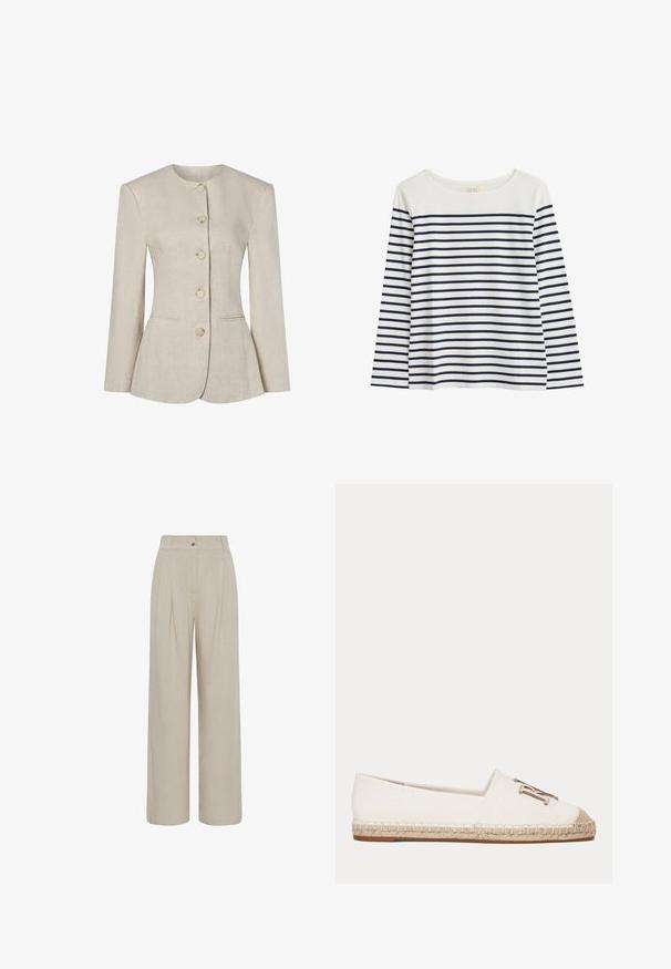 Beige hørblazer til kvinder med rund halsudskæring, lange ærmer, fem knapper foran og to diskrete forlommer.; Langærmet bluse i økologisk bomuld med hvid baggrund og marineblå vandrette striber. Rund halsudskæring, afslappet pasform, ingen synlige detaljer.; Beige bukser med høj talje og vide bukseben, med for- læg, bæltestropper og knaplukning i taljen.; Hvid lærreds espadrille sko med flettet jutebund og metallisk dekorativt emblem foran.