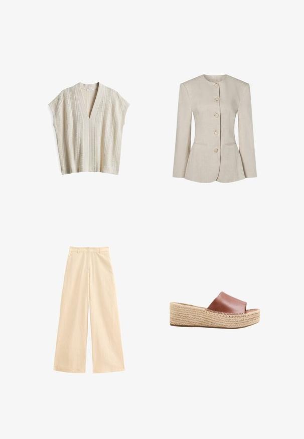 Beige linnen damesblazer met ronde halslijn, lange mouwen, vijf knopen aan de voorkant en twee subtiele zakken aan de voorkant.; Lichtbeige gebreid top met V-hals, korte mouwen en verticale streeptekstuur. Heeft een open weefstructuur en ribbelaccenten.; Beige wijde broek gemaakt van lichtgewicht stof. Kenmerken zijn een hoge taille, ritssluiting en voorkwamen. Gladde textuur met een subtiele glans.; Bruine leren slidesandaal met gevlochten jute plateauzool en open teen, ontworpen voor casual zomerse kleding.
