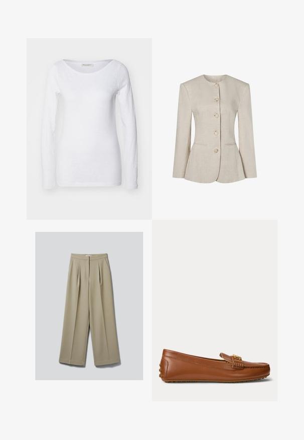 Beige linnen damesblazer met ronde halslijn, lange mouwen, vijf knopen aan de voorkant en twee subtiele zakken aan de voorkant.; Witte longsleeve top met een ronde hals. Gemaakt van zachte, gestructureerde stof. Heeft een relaxte pasvorm en naadloze manchetten.; Beige wijde broekspijpen met plooien aan de voorkant, zijzakken en een verborgen voorsluiting, afgebeeld tegen een neutrale achtergrond.; Bruine leren loafer met een gouden gespdetail, rubberen zool met gripnoppen op de hak en onderkant.