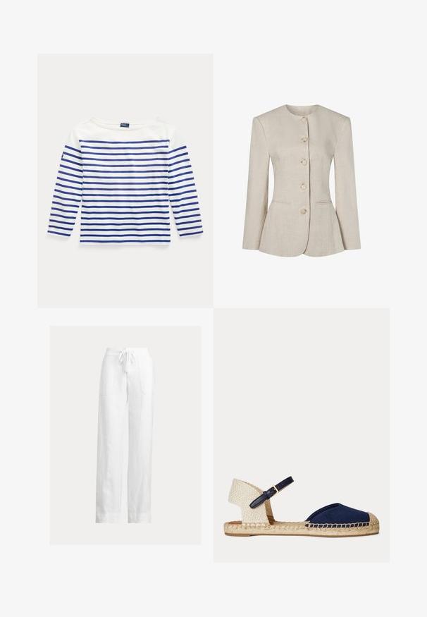 Beige linnen damesblazer met ronde halslijn, lange mouwen, vijf knopen aan de voorkant en twee subtiele zakken aan de voorkant.; Lange mouw top in witte katoen met horizontale blauwe strepen. Heeft een bootnek en een klein logolabel op de linkermouw.; Witte linnen broek met een tailleband met trekkoord, wijde pijpen, twee steekzakken aan de voorkant en een gladde textuur. Platte zoom bij de enkel.; Dames platte espadrille sandaal met marineblauwe stof aan de voorkant, geweven beige hak en een zwarte verstelbare enkelriem met gouden gesp.