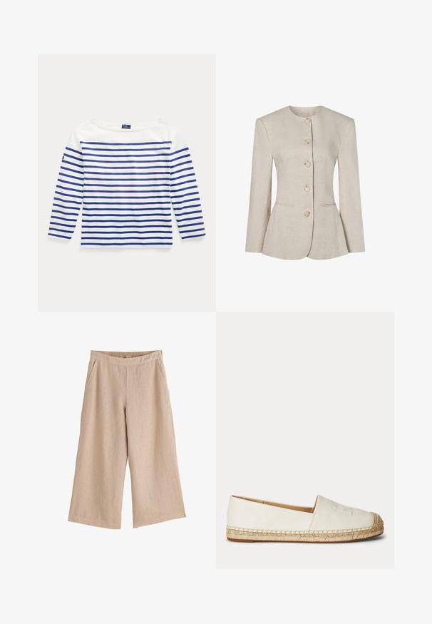 Beige linnen damesblazer met ronde halslijn, lange mouwen, vijf knopen aan de voorkant en twee subtiele zakken aan de voorkant.; Lange mouw top in witte katoen met horizontale blauwe strepen. Heeft een bootnek en een klein logolabel op de linkermouw.; Beige wijde cropped broek met elastische tailleband en zijzakken, gemaakt van lichtgewicht stof.; Witte instapespadrille met gevlochten jutezool en gestikte details langs de randen, gezien van de buitenkant.