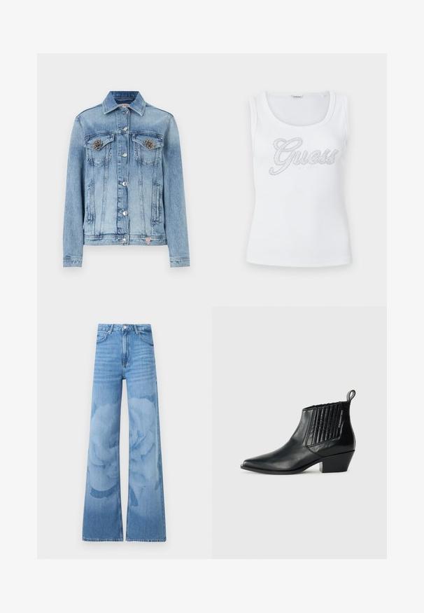 Lyseblå denimjakke med sølvfarvede blomsteraccents på brystlommerne, knaplukning og kontrastsyning. Klassisk krave og tætsiddende design.; Hvid ærmeløs ribbet top med rund halsudskæring og dekorativ "Guess"-logo lavet af små sølvperler på tværs af brystet.; Lyseblå jeans med brede ben og høj talje, foran knapper og lommer, med et subtilt blomstret vaskemønster på benene.; Sort læder ankelstøvle med spidse tæer, quiltet sidepanel og en lav blokhæl. Diskret branding på siden.