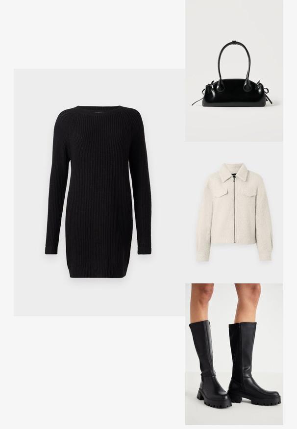 Crème-kleurige textuurjacket met een ritssluiting aan de voorkant, twee borstflapzakken, lange mouwen en een opstaande kraag.; Zwarte gebreide jurk met lange mouwen, geribbelde textuur, ronde halslijn en zijsplitten aan de zoom, met een loose fit ontwerp.; Zwarte kniehoge laarzen van glad synthetisch leer met een dikke zool, zijrits en een ronde neusontwerp.; Kleine zwarte glanzende handtas met twee lange hengsels en zijkant trekkoord details op een effen lichte achtergrond.