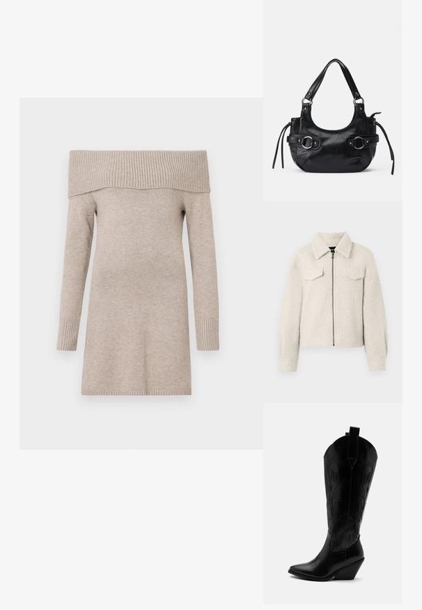 Crème-kleurige textuurjacket met een ritssluiting aan de voorkant, twee borstflapzakken, lange mouwen en een opstaande kraag.; Beige off-shoulder trui, gebreide textuur, lange mouwen, geribbelde halslijn en boorden, lengte tot halverwege de dijen, gladde stofafwerking.; Zwarte leren cowboylaars met puntige neus, schuine blokhak, decoratieve stiksels en aantreklusjes bovenaan tegen een witte achtergrond.; Zwarte leren handtas met een afgeronde vorm, voorzien van twee zijgespen, een gladde textuur en een korte schouderband. Accenten zijn onder andere zijfranjes.