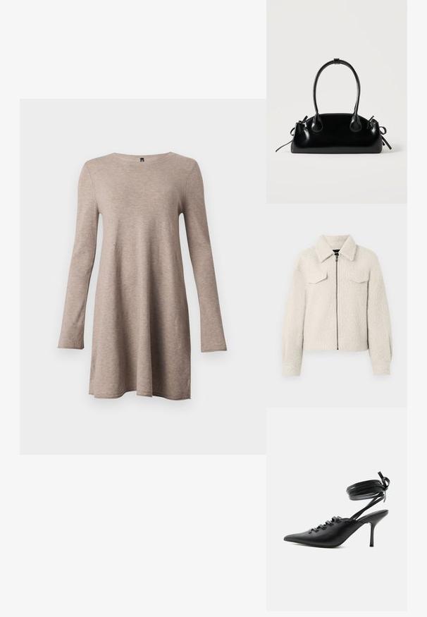 Crème-kleurige textuurjacket met een ritssluiting aan de voorkant, twee borstflapzakken, lange mouwen en een opstaande kraag.; Lange mouwen, A-lijn jurk in beige, gemaakt van zachte stof met een ronde halslijn. Heeft een comfortabele pasvorm en taps toelopende mouwen.; Zwarte pumps met spitse neus en hoge hak, met veters aan de voorkant en riempjes die rond de enkel wikkelen en zijn gestrikt in een strik, gezien vanaf de zijkant tegen een witte achtergrond.; Kleine zwarte glanzende handtas met twee lange hengsels en zijkant trekkoord details op een effen lichte achtergrond.