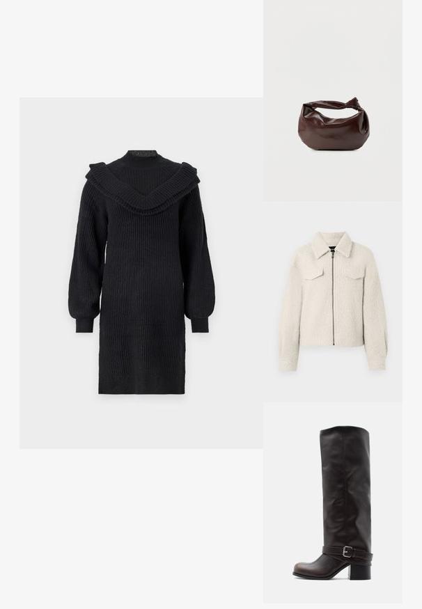 Cremefarbener, strukturierten Jacke mit einem Frontreißverschluss, zwei Brustklapptaschen, langen Ärmeln und einem umgeschlagenen Kragen.; Schwarzes gestricktes Kleid mit gerippter Textur, hat einen breiten Rüschen-Halsausschnitt und lange, gepuffte Ärmel, die über dem Knie enden.; Dunkelbrauner kniehoher Lederstiefel mit abgerundetem Zehenbereich, niedrigem Blockabsatz und dekorativem Riemen mit silberner Schnalle in der Nähe des Knöchels.; Dunkelbraune Lederschultertasche mit weicher, lockerer Form und einem gedrehten Knotengriff vor schlichtem weißem Hintergrund.