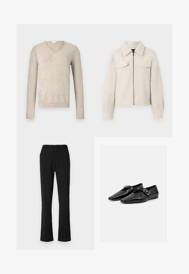 Veste texturée de couleur crème avec une fermeture éclair sur le devant, deux poches plaquées poitrine, des manches longues et un col replié.; Pull à col en V beige en matériau doux avec des manches longues et des poignets côtelés. Présente un design simple sans motifs ni embellissements.; Pantalons évasés noirs avec une texture lisse, présentant un devant plat, des passants de ceinture et une fermeture éclair. Conçus pour un ajustement ajusté.; Paire de chaussures plates en cuir verni noir à bouts pointus avec une bride à boucle sur le dessus, montrée sur un fond clair uni.
