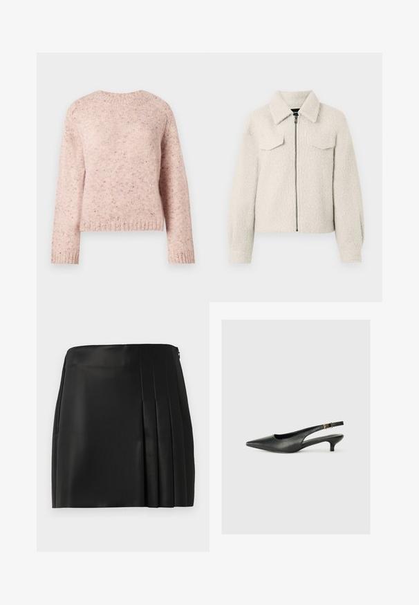 Veste texturée de couleur crème avec une fermeture éclair sur le devant, deux poches plaquées poitrine, des manches longues et un col replié.; Pull en maille texturée de couleur rose, avec un col rond et des manches longues. Des éclats subtils ajoutent du détail au design.; Jupe mini en faux cuir noir avec un devant lisse et des plis sur le côté droit, équipée d'une fermeture éclair au dos.; Chaussure slingback noire à bout pointu en cuir lisse. Présente un talon fin et un détail de boucle sur la sangle réglable.