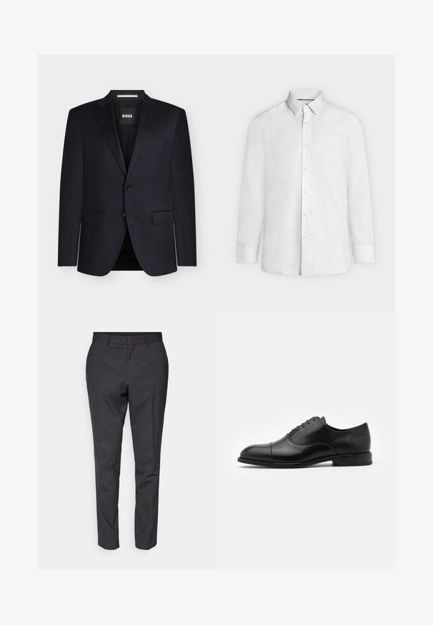 Sort skræddersyet herreblazer med notched revers, to frontlommer med klap, to-knaps lukning og BOSS-label inde i kraven.; Hvid skjorte med lange ærmer, spredt krave og knapmanchetter, vist forfra på en ensfarvet lysegrå baggrund.; Grå skræddersyede bukser med en glat tekstur, slim fit og tapered ben, der har en flad front og bæltestropper for ekstra detaljer.; Sorte læderdress sko med rund tå, snørebåndsdesign og diskrete syninger. Har en lav hæl og glat tekstur.