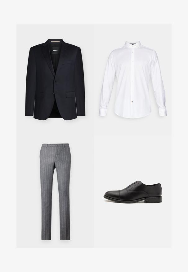 Zwarte, op maat gemaakte herenblazer met opstaande revers, twee klepzakken aan de voorkant, sluiting met twee knopen en BOSS-label binnen in de kraag.; Witte lange mouwen shirt van gladde stof, met een klassieke kraag, knoopsluiting aan de voorkant en een afgeronde zoom met een klein accentknopdetail.; Grijze pinstriped broek gemaakt van textuurstof, met een klassiek ontwerp, rechte pasvorm en twee voorke pockets.; Zwarte leren dresschoenen met een ronde neus, een gladde afwerking en subtiele stiknaden. Voorzien van blauwe veters en een lage gestapelde hak.