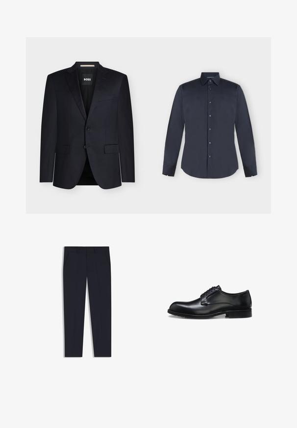 Blazer negro de hombre a medida con solapas con muesca, dos bolsillos frontales con solapa, cierre de dos botones y etiqueta BOSS dentro del cuello.; Camisa de vestir para hombre de manga larga en azul marino oscuro con botones, cuello puntiagudo y puños abotonados sobre un fondo gris claro.; Pantalones azul marino con un corte ajustado, que cuentan con dos bolsillos frontales, un diseño plano en la parte delantera y una textura suave. Sin patrones ni adornos visibles.; Zapato de vestir para hombre de cuero negro pulido con cordones cerrados, tacón bajo y detalle sutil de marca cerca del talón sobre un fondo blanco.