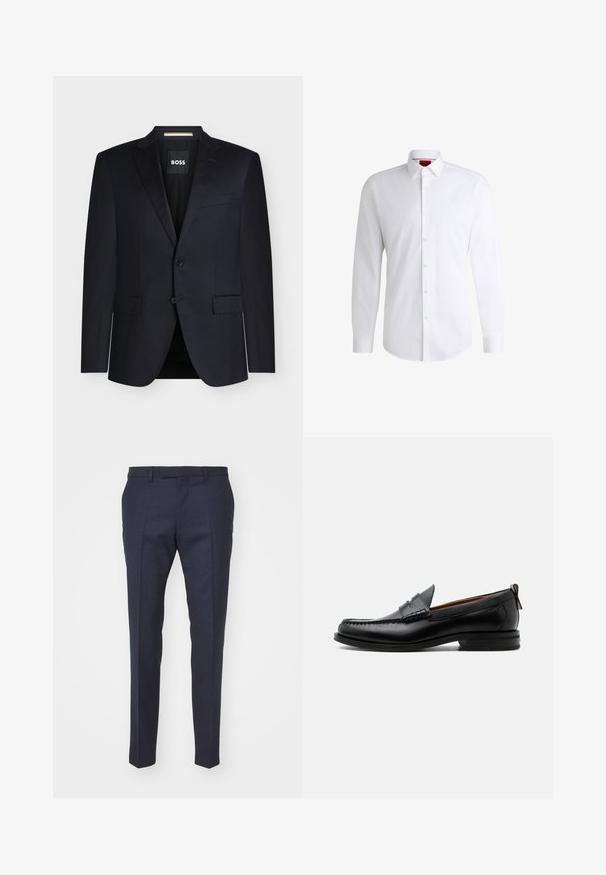 Blazer noir pour homme sur mesure avec revers crantés, deux poches à rabat devant, fermeture à deux boutons et étiquette BOSS à l’intérieur du col.; Chemise blanche à manches longues en tissu lisse avec un col classique et un ourlet arrondi. Présente des boutons beiges à l'avant.; Pantalons tailleur bleu marine avec une texture lisse, présentant un devant plat, des plis marqués et une coupe élégante, idéaux pour les occasions formelles.; Mocassin homme en cuir noir avec couture moc toe, bride penny, col texturé et petit talon empilé sur fond blanc.