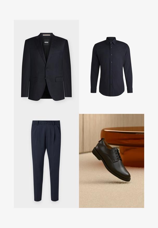 Schwarzer, maßgeschneiderter Herrenblazer mit notched Revers, zwei Fronttaschen mit Klappe, Zwei-Knopf-Verschluss und BOSS-Label innen im Kragen.; Dunkelblaues Langarmhemd aus gewebtem Stoff, mit einem Button-Down-Kragen und passenden Knöpfen, mit glatter Textur und taillierter Passform.; Hose aus glattem Stoff in Marineblau, mit Falten, einem Reißverschluss und Knopfverschluss, seitlichen Taschen und einem schmalen Beindesign.; Schwarzer Lederschuh mit Schnürsenkeln, schwebend über hellem beigem Teppich positioniert, orangefarbener runder Tisch im Hintergrund.