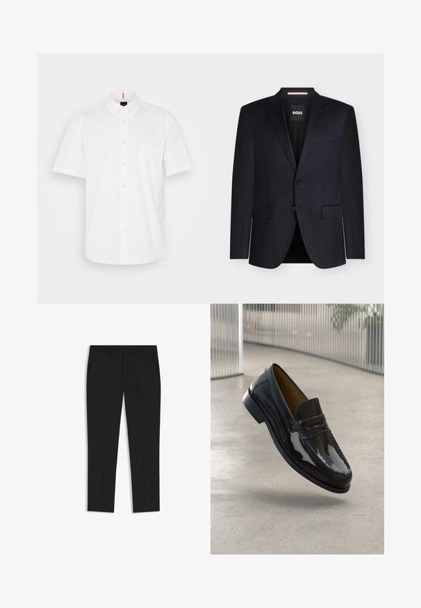 Sort skræddersyet herreblazer med notched revers, to frontlommer med klap, to-knaps lukning og BOSS-label inde i kraven.; Hvid kortærmet skjorte med knapper lavet af bomuld, med en enkelt brystlomme, klassisk krave og subtile syningsdetaljer.; Sorte skræddersyede bukser med lige ben-design, der har to sidelommer og frynser foran for struktur, lavet af et glat stof.; Sorte patentlæder loafer med en syet detalje, rund tå, lav hæl og glat overflade, præsenteret mod en neutral baggrund.