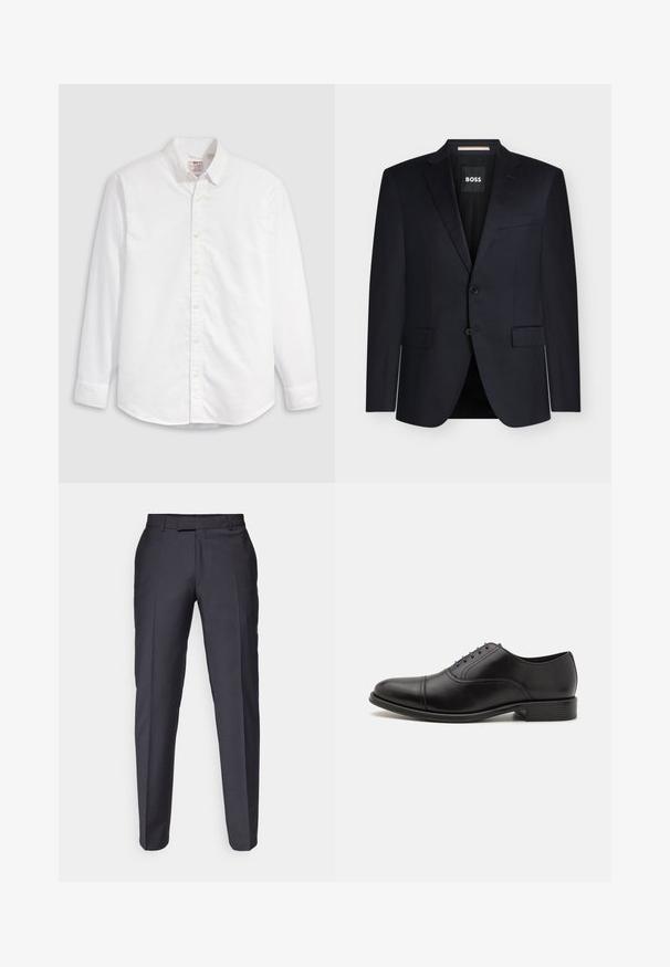 Blazer noir pour homme sur mesure avec revers crantés, deux poches à rabat devant, fermeture à deux boutons et étiquette BOSS à l’intérieur du col.; Chemise blanche à boutons en coton avec manches longues, col classique et ourlet arrondi. Dotée de boutons jaunes et d'un branding discret.; Pantalons ajustés gris foncé avec une coupe droite. Présente une texture douce et des plis à l'avant. Pas de marque ni d'embellissements visibles.; Chaussure habillée en cuir noir avec un bout arrondi, finition lisse et coutures subtiles. Équipée de lacets bleus et d'un petit talon empilé.