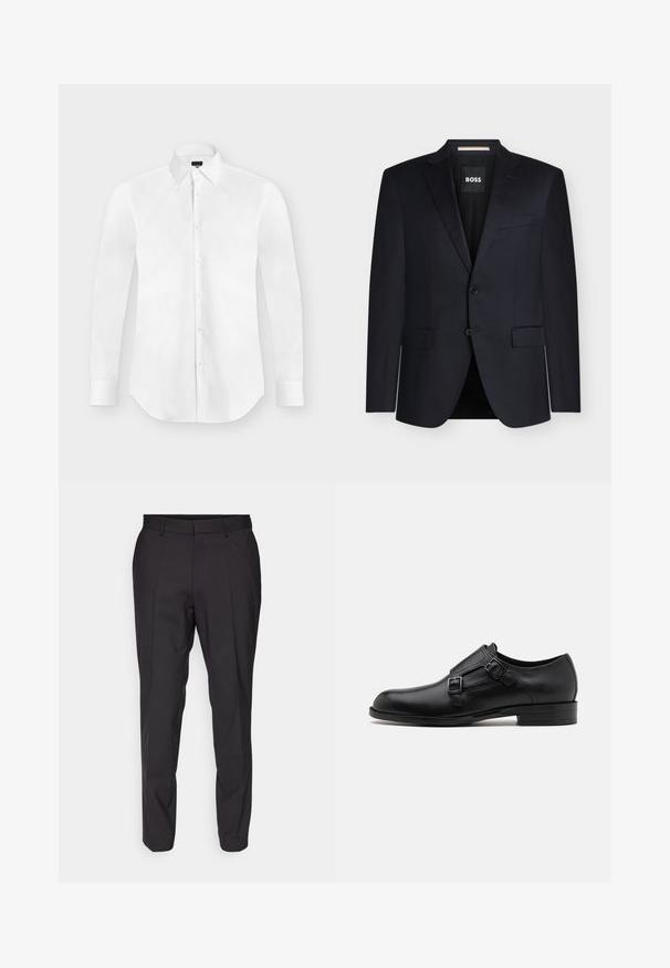 Blazer negro de hombre a medida con solapas con muesca, dos bolsillos frontales con solapa, cierre de dos botones y etiqueta BOSS dentro del cuello.; Camisa blanca de vestir de manga larga con botones y cuello puntiagudo, colocada perfectamente plana sobre un fondo gris claro.; Pantalones negros ajustados de corte recto, con un frente plano, pasadores para cinturón y una textura suave. Sin patrones ni acentos visibles.; Zapato de vestir de cuero negro con doble hebilla, silueta elegante y punta redonda. Cuenta con un tacón bajo y una textura suave.