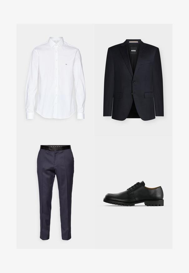 Schwarzer, maßgeschneiderter Herrenblazer mit notched Revers, zwei Fronttaschen mit Klappe, Zwei-Knopf-Verschluss und BOSS-Label innen im Kragen.; Weißes Langarmhemd mit Button-Down-Kragen, mit einem kleinen gestickten "CK"-Logo auf der linken Brust und einem glatten, strukturierten Stoff.; Marineblaue, maßgeschneiderte Hosen mit glatter Textur, ausgestattet mit einem schwarzen Bund und Falten an der Vorderseite für ein formelles Erscheinungsbild.; Schwarzer Lederschnürschuh mit dicker, profilierter Sohle und niedrigem Absatz auf weißem Hintergrund dargestellt.