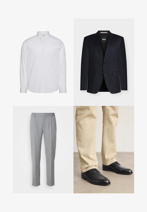 Blazer negro de hombre a medida con solapas con muesca, dos bolsillos frontales con solapa, cierre de dos botones y etiqueta BOSS dentro del cuello.; Camisa blanca de manga larga con botones, hecha de algodón. Presenta un cuello estándar, tapeta frontal con botones y dobladillo redondeado. Logo de la marca discreto.; Pantalones grises a medida con una textura suave, que cuentan con un frente plano, piernas rectas y pliegues sutiles para un detalle adicional.; Zapatos de cuero negro con cordones, puntera redondeada, acabado suave y sutiles detalles de costura, combinados con pantalones de color beige claro.