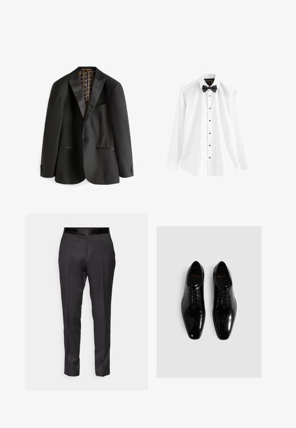 Veste noire avec revers en satin, deux poches avant et fermeture à bouton. Doublure intérieure présentant un motif géométrique en nid d'abeille doré.; Chemise blanche à manches longues avec boutons noirs et un nœud papillon noir sur fond blanc uni.; Pantalons noirs ajustés avec une coupe slim, devant plat et légère brillance. Présentent une taille noire lisse et des détails de plis le long des jambes.; Chaussures habillées en cuir verni noir avec un bout pointu, un design à lacets et une finition lisse. Logo de la marque embossé sur la semelle intérieure.