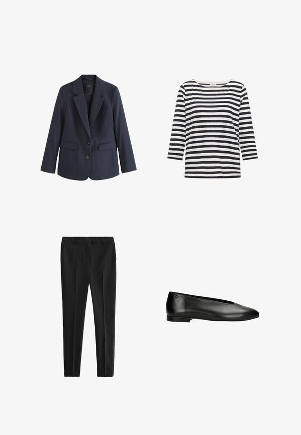 Blazer bleu marine cintré avec revers en encoche, deux boutons devant, poches à rabat et manches longues, présenté sur fond blanc.; Chemise à manches longues à rayures horizontales noires et blanches, avec un col rond et une étiquette portant la mention "Cecil" au niveau du col.; Pantalon noir en tissu lisse, avec une coupe ajustée, des plis avant et des passants de ceinture, doté de poches latérales et arrière.; Ballerines en cuir noir avec un bout rond, un talon bas et un logo discret sur le talon. Texture lisse, design minimaliste.