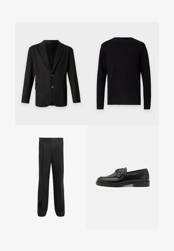 Blazer gris oscuro en un tejido suave y texturizado. Presenta un cuello con muesca, dos botones frontales y un bolsillo lateral en el lado izquierdo.; Suéter negro de punto con cuello redondo y mangas largas. Textura suave y color sólido, sin patrones ni acentos visibles.; Pantalones negros con un diseño de pierna recta, que presentan pliegues, un cierre de un solo botón y trabillas para cinturón. Fabricados con una tela suave.; Mocasines de cuero negro con punta redonda y un acento decorativo de hebilla. Tacón plano y sólido, con una textura suave en todo el zapato.