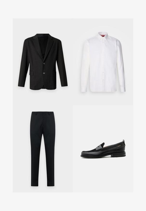 Blazer gris oscuro en un tejido suave y texturizado. Presenta un cuello con muesca, dos botones frontales y un bolsillo lateral en el lado izquierdo.; Camisa blanca de manga larga hecha de algodón, con un collar clásico, placket frontal con botones y una textura suave. Detalle interior del collar en rojo.; Pantalones formales de hombre negros, ajustados, con presillas para cinturón, frente plano y piernas rectas sobre un fondo blanco.; Mocasín de cuero negro con detalle de tira gris, tacón bajo y suela texturizada, con la marca "HUGO" en oro en el lateral.