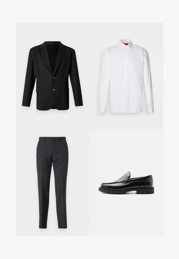 Blazer gris foncé en tissu lisse et texturé. Il présente un revers cranté, deux boutons à l'avant et une poche simple sur le côté gauche.; Chemise blanche à manches longues en coton, avec un col classique, une patte de boutonnage à l'avant et une texture lisse. Détail rouge à l'intérieur du col.; Pantalons taillés gris foncé avec une coupe droite, dotés de poches latérales et d'une texture subtile. Les fermetures comprennent une fermeture éclair et des passants de ceinture.; Mocassin en cuir noir avec semelle en caoutchouc épaisse, dessus cousu et nom de marque embossé sur le talon, présenté de profil sur fond blanc.