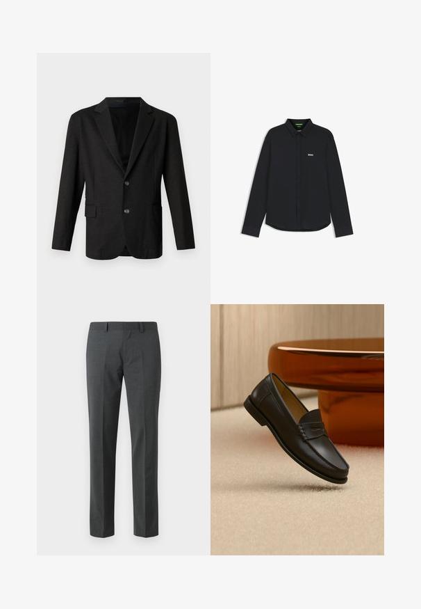 Blazer gris foncé en tissu lisse et texturé. Il présente un revers cranté, deux boutons à l'avant et une poche simple sur le côté gauche.; Chemise noire à manches longues en tissu mélangé coton. Comprend un col classique, une fermeture à boutons sur le devant et un petit logo blanc "BOSS" sur la poitrine.; Pantalons ajustés gris foncé en textile lisse. Présente des jambes droites, une taille plate et des passants de ceinture. Pas de motifs ou d'accents visibles.; Chaussure mocassin en cuir noir suspendue au-dessus d’un tapis beige avec du mobilier moderne couleur ambre en arrière-plan.