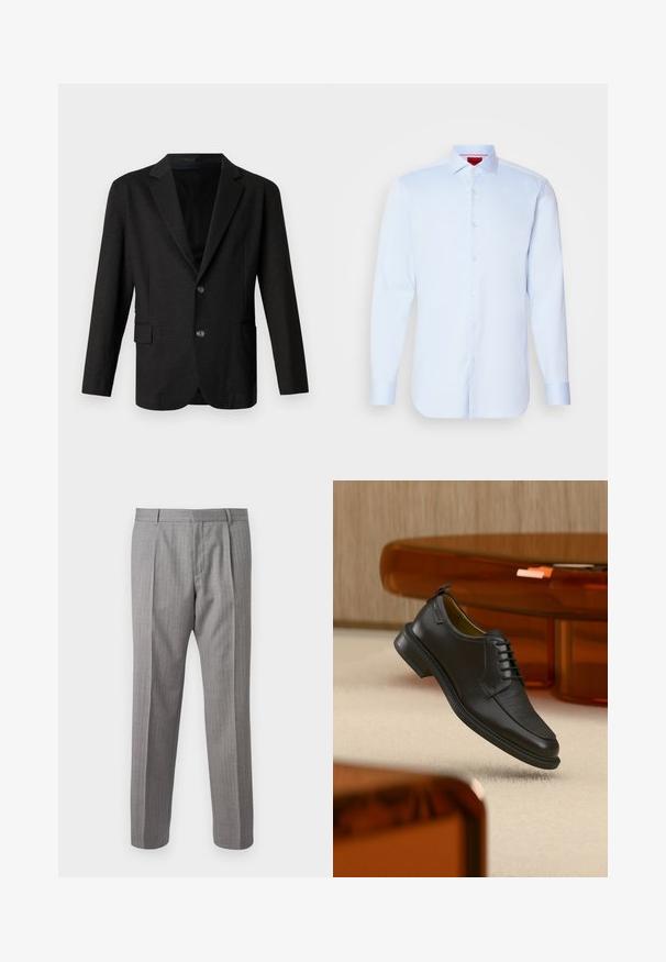 Blazer gris oscuro en un tejido suave y texturizado. Presenta un cuello con muesca, dos botones frontales y un bolsillo lateral en el lado izquierdo.; Camisa de botones de manga larga en azul claro con cuello extendido, dobladillo redondeado y botones blancos. Tejido suave con un brillo sutil.; Pantalones gris con rayas y un corte a medida, con pliegues delanteros, trabillas para cinturón y una textura suave. Diseño de pierna recta, con dobladillos limpios.; Zapato de vestir negro de piel con cordones y parte delantera texturizada, flotando sobre una alfombra beige en una habitación moderna con muebles de tono ámbar.