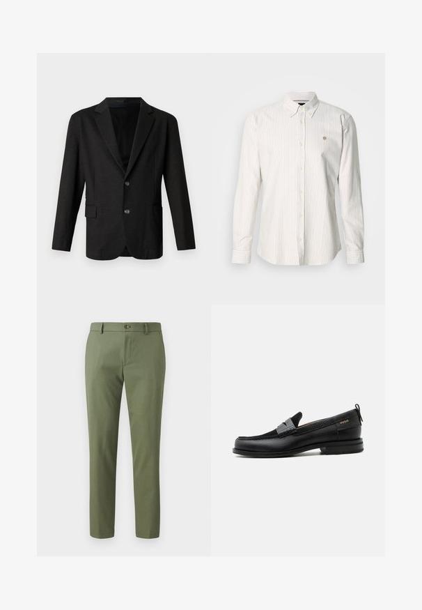 Mørkegrå blazer i et glat, tekstureret stof. Har en spidse lapels, to forreste knapper og en enkelt lomme på venstre side.; Langærmet skjorte med striber i lysebeige og hvid. Den har krave med knapper, knaplukning foran og et lille logo på brystet.; Grønne bukser lavet af struktureret stof, med slim fit, lige ben og knaplukning foran. Velegnede til afslappet eller formelt brug.; Sort læderloafer med grå remdetalje, lav hæl og tekstureret sål, mærket med "HUGO" i guld på siden.