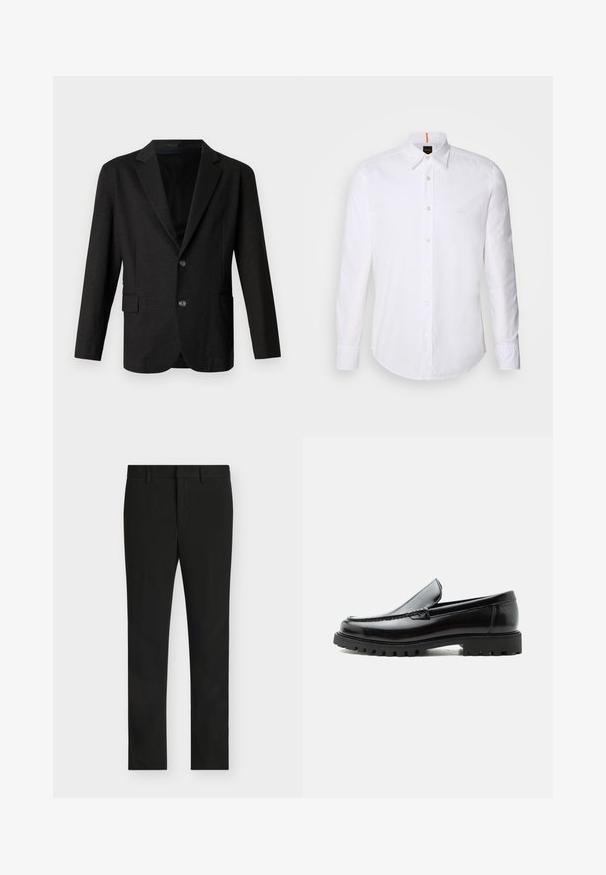 Donkergrijze blazer van een gladde, gestructureerde stof. Voorzien van een geknipt revers, twee voorknopen en een enkele zak aan de linkerkant.; Witte langwerpige overhemd met lange mouwen van katoen, met een klassieke kraag, een subtiel logo dicht bij de borst en witte knopen.; Zwarte slim-fit pantalon met riemlussen, frontrits en platte voorkant, getoond op een lichtgrijze achtergrond.; Zwarte leren loafer met dikke rubberen zool, gestikte bovenkant en gegraveerde merknaam op de hiel, zijaanzicht op witte achtergrond.