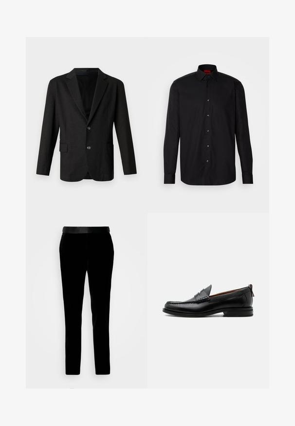 Blazer gris oscuro en un tejido suave y texturizado. Presenta un cuello con muesca, dos botones frontales y un bolsillo lateral en el lado izquierdo.; Camisa negra de manga larga hecha de una tela suave, con un cuello clásico con tapa, cierre frontal de botones y un ajuste entallado.; Pantalones de terciopelo negro con un ajuste entallado, textura suave y cinturilla a juego. Cuentan con perneras rectas y bolsillos laterales.; Mocasín de hombre de piel negra con costura moc toe, tira penny, cuello texturizado y tacón bajo apilado sobre fondo blanco.