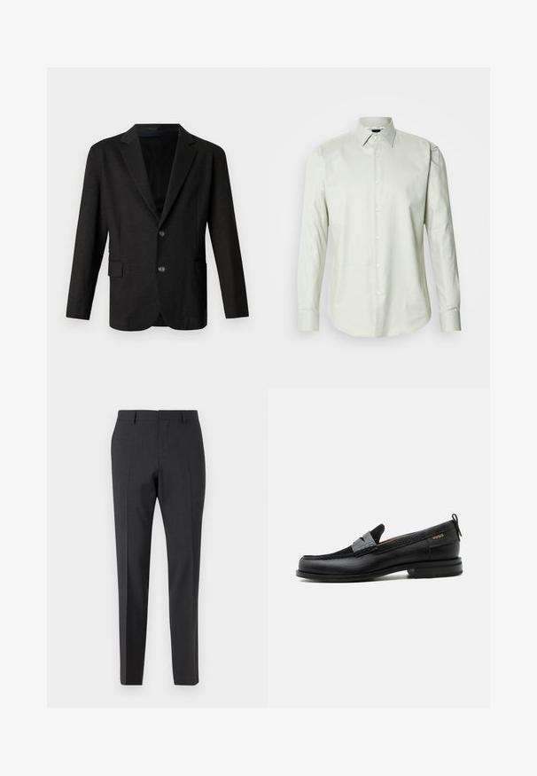 Blazer gris foncé en tissu lisse et texturé. Il présente un revers cranté, deux boutons à l'avant et une poche simple sur le côté gauche.; Chemise à manches longues vert clair, à boutons, avec un col structuré, texture unie et patte de boutonnage à l'avant avec des boutons blancs.; Pantalons tailleur gris foncé avec une texture lisse, coupe slim, devant plat et passants de ceinture, conçus pour une tenue formelle ou professionnelle.; Mocassin en cuir noir avec détail de bride grise, talon bas et semelle texturée, marqué "HUGO" en or sur le côté.