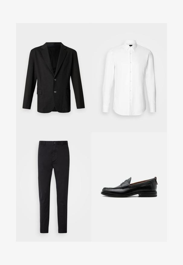 Blazer gris oscuro en un tejido suave y texturizado. Presenta un cuello con muesca, dos botones frontales y un bolsillo lateral en el lado izquierdo.; Camisa blanca de manga larga, con cierre de botones en el frente, cuello clásico, confeccionada con una tela suave con una textura sutil, diseñada para un ajuste entallado.; Chinos negros con una textura suave, cierre de botón y diseño ajustado. Ideales para un look casual o semi-formal.; Mocasín de hombre de piel negra con costura moc toe, tira penny, cuello texturizado y tacón bajo apilado sobre fondo blanco.