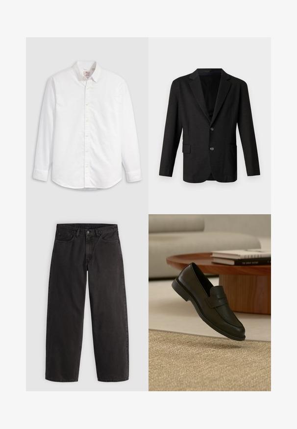 Blazer gris foncé en tissu lisse et texturé. Il présente un revers cranté, deux boutons à l'avant et une poche simple sur le côté gauche.; Chemise blanche à boutons en coton avec manches longues, col classique et ourlet arrondi. Dotée de boutons jaunes et d'un branding discret.; Jean denim noir à coupe droite, cinq poches et passants pour ceinture, présenté à plat sur un fond clair uni.; Chaussure mocassin en cuir noir présentée en suspension au-dessus d'un tapis beige tissé, avec une table en bois et des livres empilés dans un salon doucement éclairé.