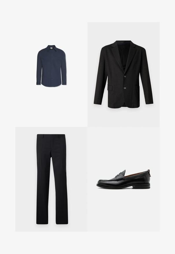 Mørkegrå blazer i et glat, tekstureret stof. Har en spidse lapels, to forreste knapper og en enkelt lomme på venstre side.; Marineblå langærmet skjorte med knapper, krave og manchetter, med et Calvin Klein-mærke inde i kraven.; Sorte skræddersyede bukser med et lige ben design, skarpe folder og en glat overflade. Fremstillet af letvægtsstof med en ren talje.; Sort læder herre loafer med moc-tå syning, penny strop, struktureret krave og lav stablet hæl på hvid baggrund.