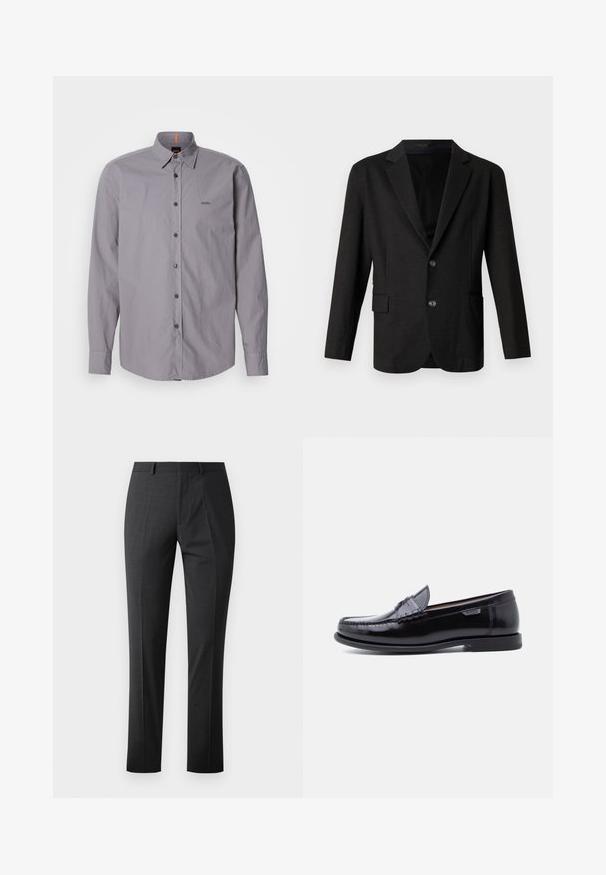 Blazer gris foncé en tissu lisse et texturé. Il présente un revers cranté, deux boutons à l'avant et une poche simple sur le côté gauche.; Chemise grise à manches longues en coton avec un col boutonné, ornée de boutons noirs et d'un logo discret sur la poitrine gauche.; Pantalons gris foncé sur mesure avec une texture lisse, coupe slim, devant plat et taille standard. Présente des plis marqués et sans motifs visibles.; Mocassins en cuir noir avec une finition brillante, présentant un motif cousu sur l'avant-pied et une semelle en caoutchouc noire texturée et basse.