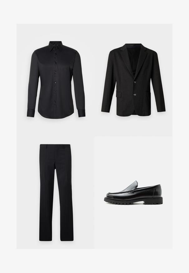 Dunkelgrauer Blazer aus glattem, strukturiertem Stoff. Mit Reverskragen, zwei vorderen Knöpfen und einer einzelnen Tasche auf der linken Seite.; Schwarze Hemdbluse aus glattem Stoff, mit klassischem Kragen, langen Ärmeln und Knopfverschluss auf der Vorderseite.; Schwarze maßgeschneiderte Hose mit geradem Schnitt, scharfen Falten und glatter Oberfläche. Hergestellt aus leichtem Stoff mit einem sauberen Bund.; Schwarzer Lederloafer mit grober Gummisohle, genähter Oberseite und geprägtem Markennamen an der Ferse, seitlich auf weißem Hintergrund gezeigt.