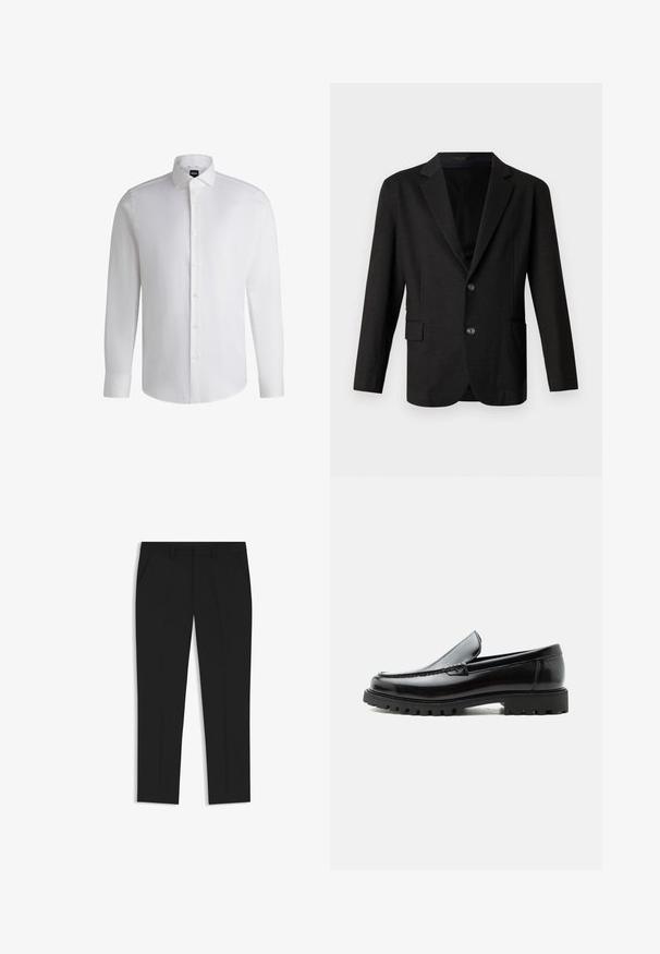 Blazer gris oscuro en un tejido suave y texturizado. Presenta un cuello con muesca, dos botones frontales y un bolsillo lateral en el lado izquierdo.; Camisa blanca de manga larga hecha de algodón suave, con un cuello clásico, botonera completa y puños abotonados. Diseño minimalista.; Pantalones negros ajustados con un diseño de pierna recta, que cuentan con dos bolsillos laterales y pliegues frontales para dar estructura, hechos de una tela suave.; Mocasín de cuero negro con suela de goma gruesa, empeine cosido y nombre de la marca en relieve en el talón, mostrado en perfil lateral sobre fondo blanco.