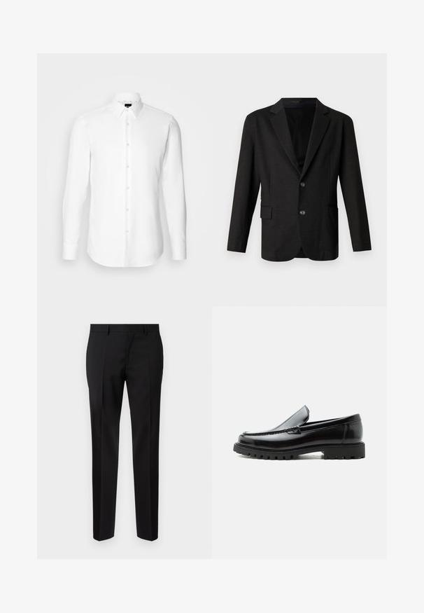Mørkegrå blazer i et glat, tekstureret stof. Har en spidse lapels, to forreste knapper og en enkelt lomme på venstre side.; Hvid skjorte med lange ærmer, knaplukning foran, klassisk krave, lavet af glat stof med en subtil tekstur, designet til et tætsiddende udseende.; Sorte skræddersyede bukser lavet af glat stof, med lige ben, raffinerede folder og en klassisk talje med bæltestropper.; Sort læderloafer med chunky gummisål, syet overdel og præget mærkenavn på hælen, vist i sideprofil på hvid baggrund.
