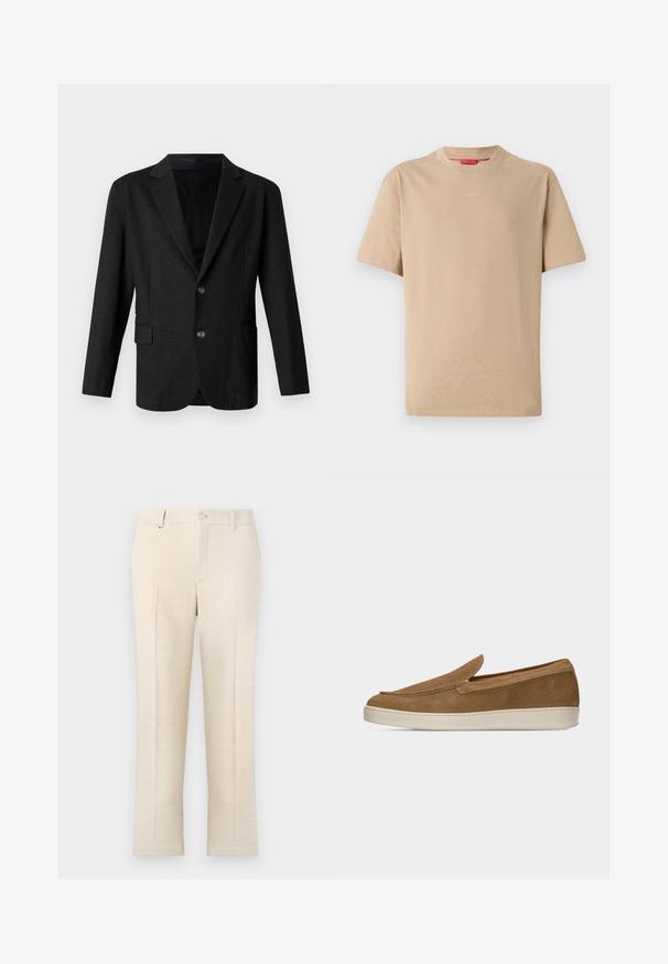 Dunkelgrauer Blazer aus glattem, strukturiertem Stoff. Mit Reverskragen, zwei vorderen Knöpfen und einer einzelnen Tasche auf der linken Seite.; Beige Baumwoll-T-Shirt mit kurzen Ärmeln, Rundhalsausschnitt und dezentem "HUGO"-Logo in der Mitte. Angenehme Textur, legerer Schnitt.; Beige maßgeschneiderte Hose aus strukturiertem Stoff mit Reißverschluss, zwei Fronttaschen und einem schlanken, geraden Schnitt.; Hellbrauner Wildleder-Slipper mit weißer Gummisohle, minimalen Nähten und flachem Design vor einfachem hellem Hintergrund.