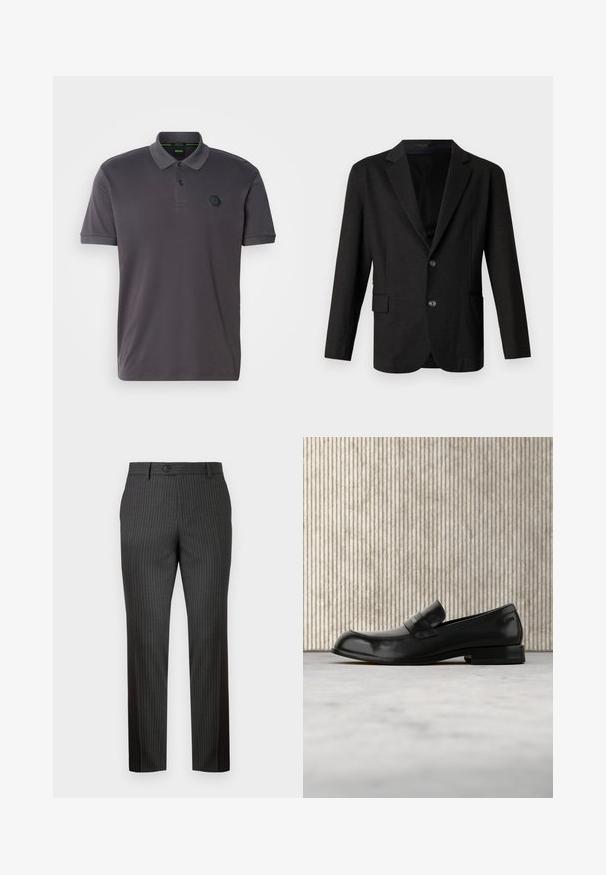 Tumehall blazer siledast, tekstureeritud kangast. Omab nurgelise kraega, kahte esit nööpi ja ühte taskut vasakul küljel.; Tumehall polo särk kaeluse ja lühikeste varrukatega, millel on kaks nööpi ja tekstuuriga kuusnurkne logo rinna peal. Sile kanga tekstuur.; Halli triibuline püksid, valmistatud siledast kangast. Omab eesolevat nööbikinnitust ja sirget lõiget, tagades hästi istuva vormi.; Mustast nahast mokassiin metallist detailiga, mis paistab hõljuvat beežil vaibal, taustal ümmargune merevaigukarva laud.