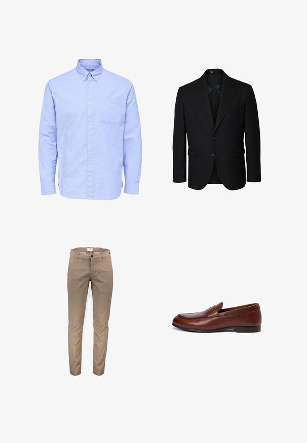Blazer ajusté pour hommes noirs avec revers cranté, fermeture à deux boutons, poches à rabat et poche poitrine passepoilée, coupe normale, sans arrière-plan visible.; Chemise bleu clair à manches longues boutonnée, avec un col boutonné et une seule poche poitrine sur le côté gauche.; Chinos khaki avec un design slim fit, fermeture éclair, bouton, passants de ceinture et poches latérales ; en coton lisse et peu froissés.; Mocassin en cuir marron avec un bout arrondi, des détails cousus et une petite bride supérieure. Finition lisse avec un petit talon rectangulaire bas.