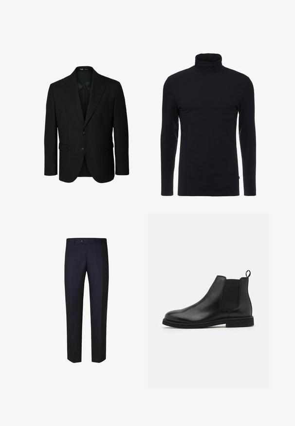 Schwarzer Herren-Sakko mit Reverskragen, zwei Knöpfen an der Vorderseite, Klappentaschen und einer Brustleistentasche, normale Passform, ohne sichtbaren Hintergrund.; Schwarzes Langarm-Turtleneck-Shirt aus weichem, dehnbaren Stoff. Verfügt über ein tailliertes Design und eine glatte Textur. Keine sichtbaren Muster oder Akzente.; Marinefarbene Anzughose mit geradem Schnitt, ausgestattet mit einem Knopfverschluss und glattem, strukturiertem Stoff ohne Muster oder Verzierungen.; Schwarze Leder Chelsea-Stiefel mit elastischen Seitenpanelen und einem Zugtab. Gerundete Zehenpartie und flache Gummisohle, die eine glatte Oberfläche zeigt.