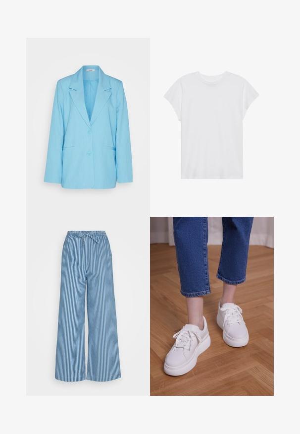 mbyM ADISON - Blazer - air blue melange; T-shirt blanc à manches courtes, col rond, coupe décontractée, en tissu de coton doux. Texture lisse, sans motifs ni logos.; Pantalons larges à rayures bleues avec une taille élastique et un cordon de serrage. Le tissu est léger, arborant des rayures blanches verticales pour le contraste.; Jambes portant un jean court bleu et des baskets blanches à plateforme à lacets, debout sur un sol en bois clair.