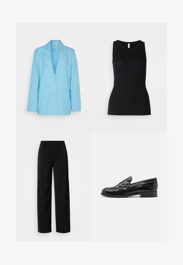 mbyM ADISON - Blazer - air blue melange; Sort ærmeløs tanktop lavet af ribbet stof, med rund halsudskæring og tætsiddende design, med en glat overflade og uden mønstre.; Sorte brede bukser lavet af glat stof, med et klassisk talje bånd og en skræddersyet silhuet med frontlommer.; Sort laker af patentlæder med dobbelt sølvspændeaccent, let afrundet tå og en lav stablet hæl. Tekstureret sømdetalje langs overdelen.